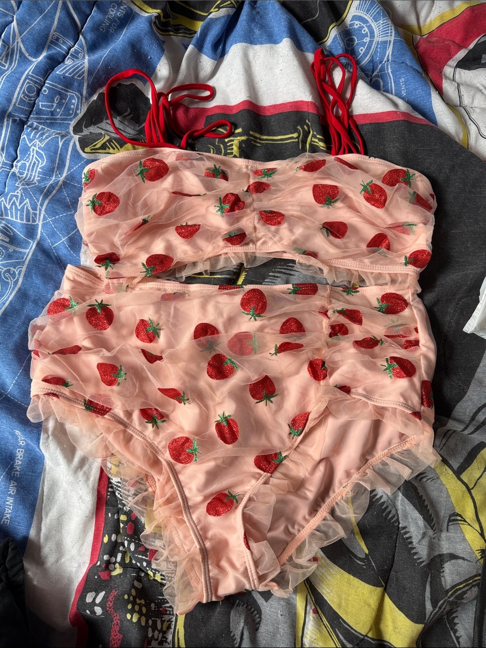 Strawberry Print Peach High-Waist Bikini Set